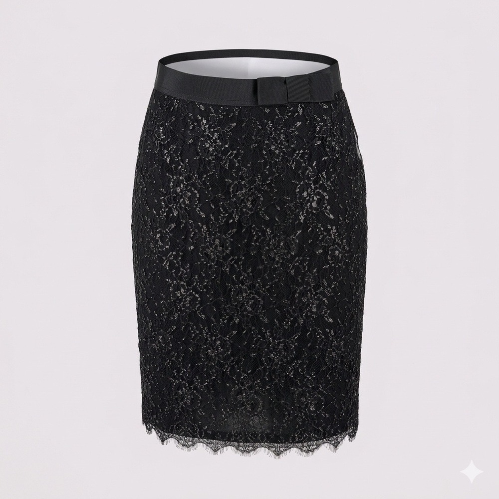 Alvina Valenta Maids Black Metallic Lace Pencil Skirt Bow 9234 Size 12 USA Made
